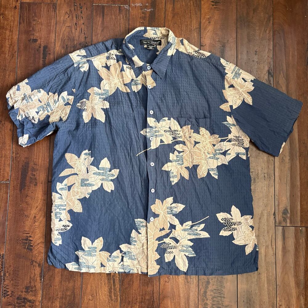 Tori Richard 100% Silk Hawaiian Shirt Mens XXL Gray Tan Floral Leaf Aloha Camp